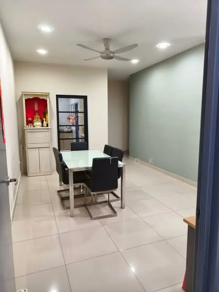 Dining features: white dining table, 4 black upholstered dining chairs, cream tiled flooring, light grey accent wall, ceiling fan, recessed downlights, display cabinet with decorative items, wall-mounted artwork; style: modern.