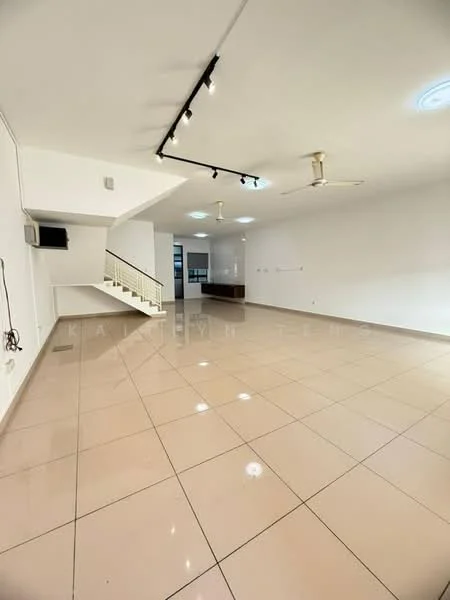 Living features: large open space, glossy beige tile flooring, white painted walls, recessed downlights, ceiling fan, track lighting, wall-mounted TV, staircase leading to upper level; style: modern.