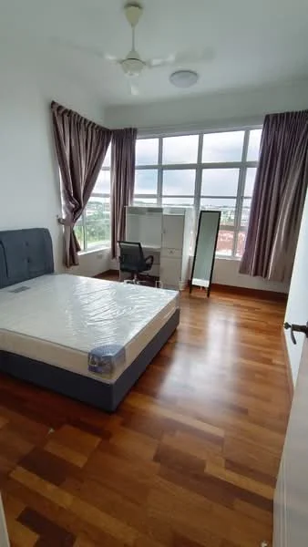 Bedroom features: queen-size bed with mattress, wooden flooring, floor-to-ceiling windows, sheer curtains, dark brown upholstered headboard, study desk with chair, full-length mirror, built-in wardrobe, ceiling fan; style: modern; view: city.