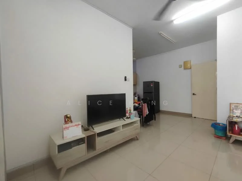 Living features: white painted walls, glossy tile flooring, ceiling light fixtures, wall-mounted TV, light wood TV console, black refrigerator, door leading to another room, open space layout; style: modern.