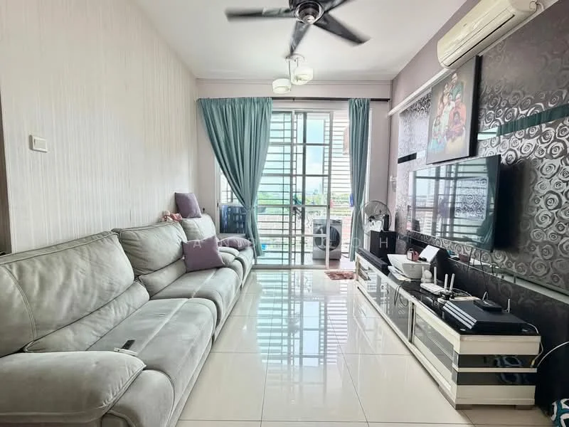 Living features: 3-seater fabric sofa in light grey, ceiling fan with light, wall-mounted TV, TV console with storage, large sliding glass door, floor-to-ceiling windows, light-colored curtains, glossy tile flooring, decorative wall with patterned wallpaper, air conditioning unit; style: modern; view: city.