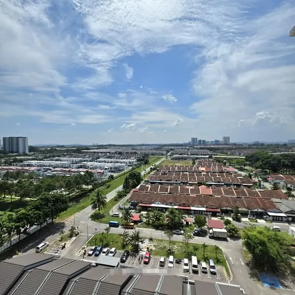 Exterior features: city skyline view, residential area with single-storey houses, manicured lawns, paved roads, parking spaces visible, greenery with palm trees, open sky with clouds.