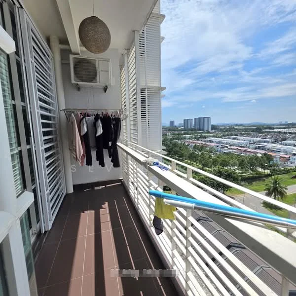 Balcony features: floor-to-ceiling sliding glass doors, white railings, brown tiled flooring, clothes drying rack, wall-mounted air conditioning unit, outdoor view of city skyline, palm trees visible in the distance; view: city.