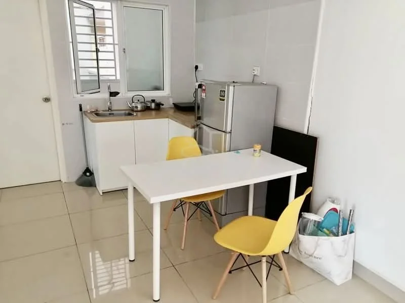Kitchen features: white cabinets, stainless-steel sink, chrome faucet, white tiled backsplash, grey countertop, stainless-steel fridge, white dining table, 2 yellow chairs, ceramic tile flooring, window with grille, wall-mounted shelf; style: modern.