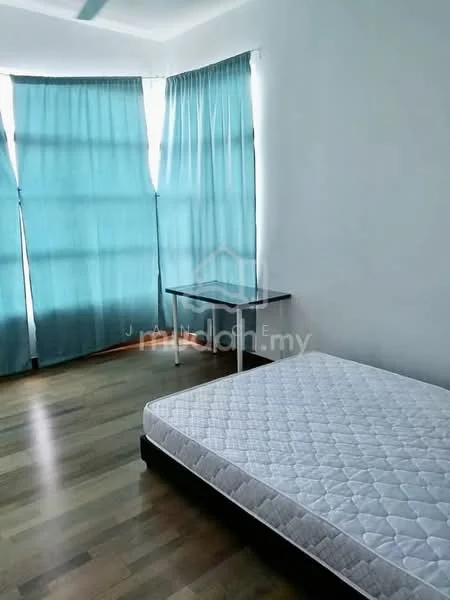 Bedroom features: wooden flooring, white painted walls, floor-to-ceiling windows, blue curtains, single bed mattress, study desk, ceiling fan.