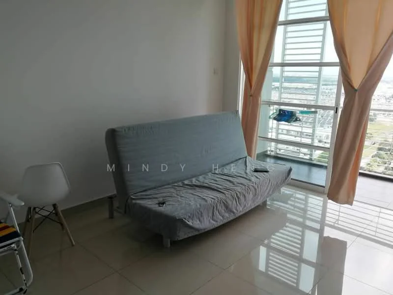 Living features: grey fabric sofa bed, floor-to-ceiling windows, sheer curtains, glossy tile flooring, white painted walls, decorative wall with city view, small side table, remote control on sofa; style: modern; view: city.