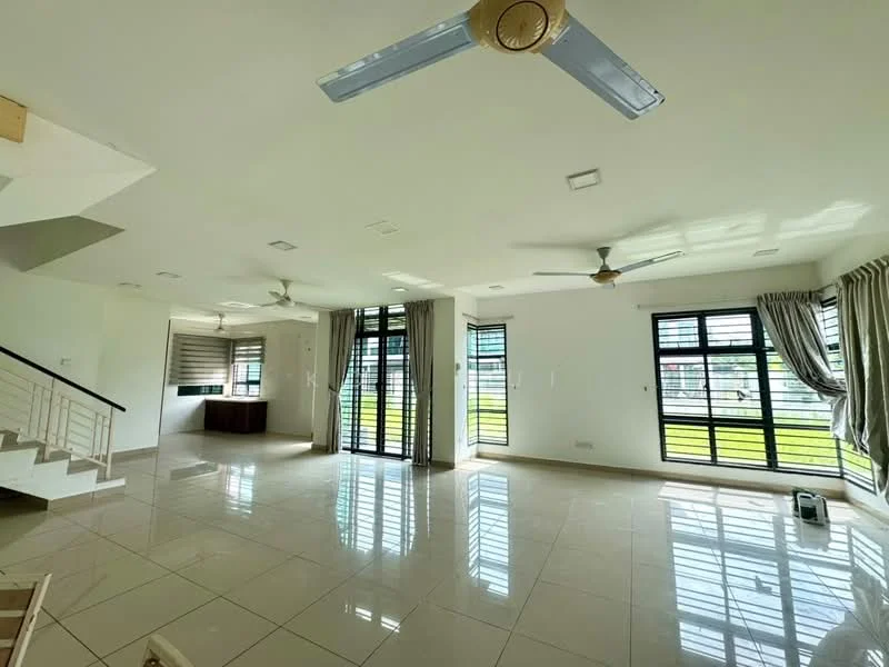 Living features: white painted walls, glossy tile flooring, 5-blade ceiling fan with light, 2 wall-mounted split AC units, floor-to-ceiling windows, sliding glass door, sheer curtains, recessed downlights, decorative wall panel, open layout, natural light, view of garden, area rug; style: modern; view: garden.