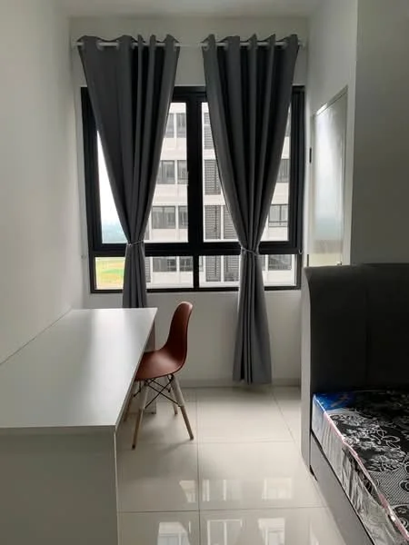 Room features: white painted walls, grey curtains, floor-to-ceiling window, white desk, brown chair, grey upholstered bed, tile flooring, natural light from window; style: modern; view: city.
