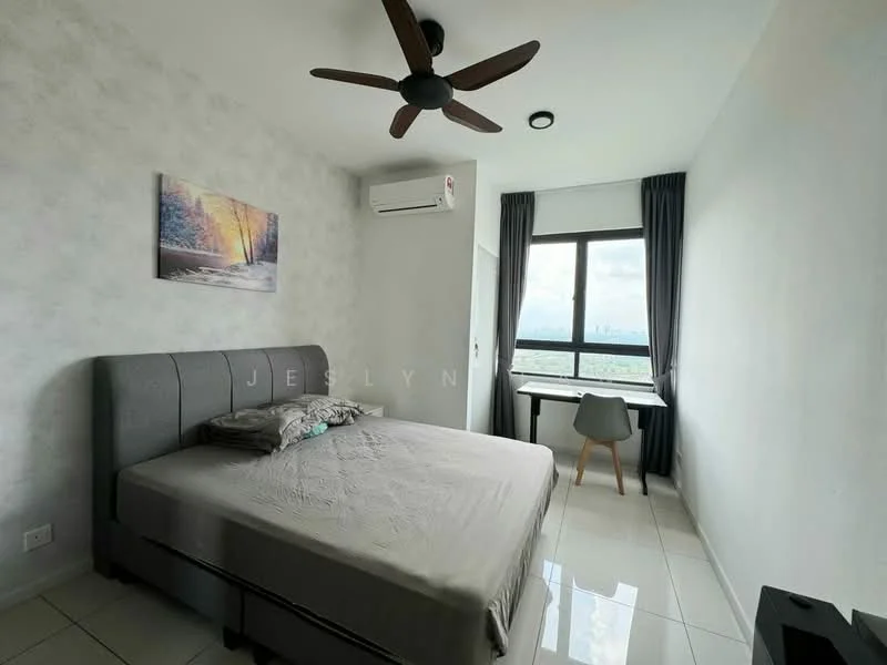 Bedroom features: king-size bed, upholstered headboard, 2 bedside lamps, study desk, chair, floor-to-ceiling window, grey curtains, white painted walls, white tile flooring, 5-blade ceiling fan, wall-mounted split AC; style: modern; view: city.