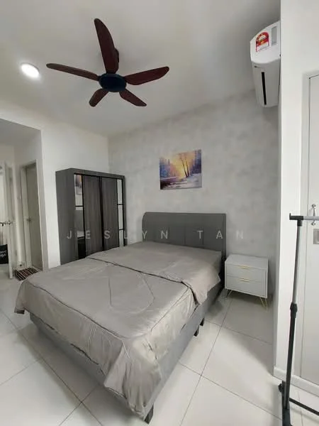 Bedroom features: queen-size bed with grey bedding, upholstered headboard, 2 bedside tables with drawers, 3-blade ceiling fan, wall-mounted air conditioning unit, framed artwork on wall, grey accent wall, white tiled flooring, built-in wardrobe with glass doors; style: modern.