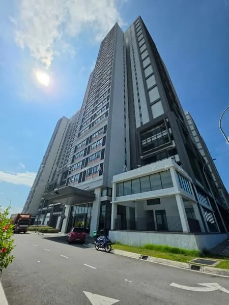 Exterior type: high-rise condominium; features: glass curtain wall, exposed concrete facade, recessed balconies, projecting balconies, approximately 20-storey high-rise, manicured landscaping, driveway with interlocking pavers, double-volume main lobby, feature water wall, surrounded by mature greenery; style: modern.
