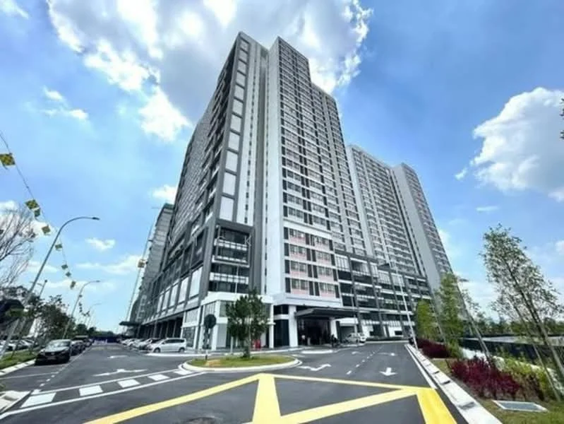 Exterior type: high-rise condominium; features: glass curtain wall, white painted facade, recessed balconies, multiple storeys, landscaped entrance, driveway with interlocking pavers, surrounded by greenery, parking spaces visible; style: modern.