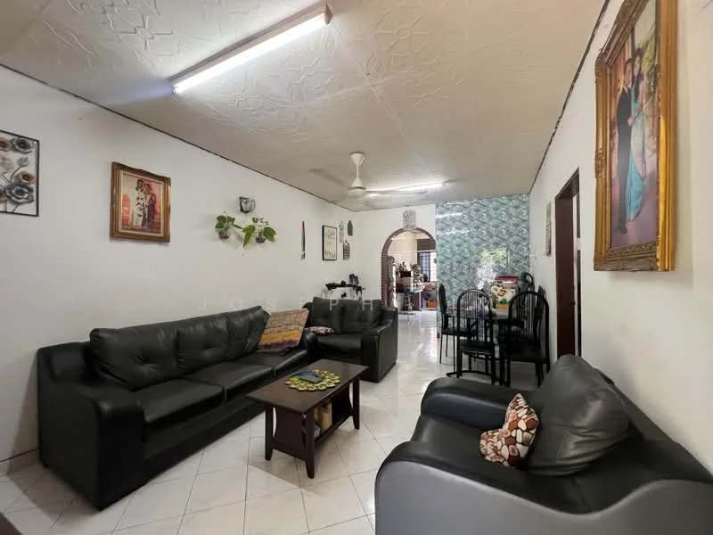Living features: black leather sectional sofa, 3-seater sofa, coffee table, decorative cushions, wall-mounted artwork, white painted walls, textured ceiling, ceiling fan, tile flooring, area rug, dining area visible in background; style: traditional.