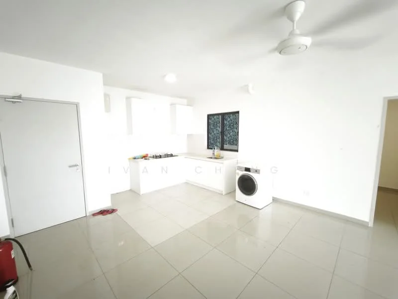 Kitchen features: white cabinetry, stainless-steel sink, 4-burner gas hob, built-in oven, white countertop, tile backsplash, refrigerator, washing machine, floor-to-ceiling window, ceiling fan, grey tile flooring, wall-mounted cabinets; style: modern. Living features: grey tile flooring, ceiling fan, floor-to-ceiling window, open layout, white walls; style: modern.