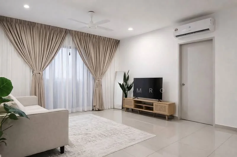 Living features: cream painted walls, white ceiling, 5-blade ceiling fan with light, floor-to-ceiling windows with sheer curtains, light brown fabric sofa, wooden TV console, black flat-screen TV, area rug with geometric pattern, indoor plant in ceramic pot, tile flooring, recessed lighting; style: modern.