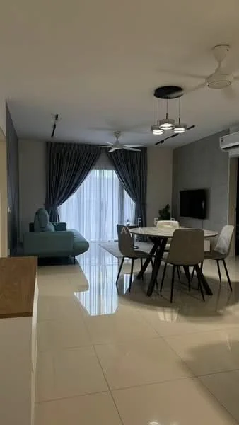 Living features: 3-seater fabric sofa in teal, dining table for 6 with black legs, grey upholstered dining chairs, floor-to-ceiling windows with sheer curtains, recessed downlights, ceiling fan with light, polished ceramic tile flooring, decorative indoor plant, wall-mounted air conditioning unit, curtains in grey fabric; style: modern.