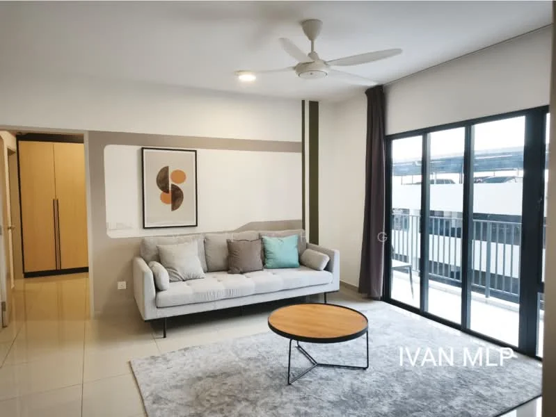 Living features: 3-seater fabric sofa in light grey, round coffee table with wooden top, area rug with neutral color, floor-to-ceiling windows, curtains in dark grey, ceiling fan with light, wall-mounted artwork with abstract design, white painted walls, glossy tile flooring; style: modern.