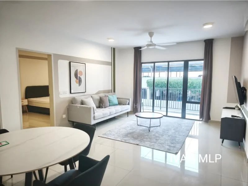 Living features: 3-seater fabric sofa in light grey, coffee table, area rug with geometric pattern, floor-to-ceiling sliding glass door, curtains in dark grey, wall-mounted TV, TV console, recessed downlights, ceiling fan with light, cream painted walls, polished tile flooring; style: modern; view: garden. Dining features: round dining table, 4 upholstered dining chairs in black, cream painted walls, polished tile flooring; style: modern. Room features: doorway leading to bedroom, cream painted walls, polished tile flooring.