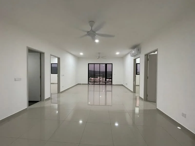 Room features: white painted walls, glossy ceramic tile flooring, 5-blade ceiling fans, recessed LED downlights, floor-to-ceiling windows, sliding glass door, air conditioning unit, open layout; style: modern; view: city.