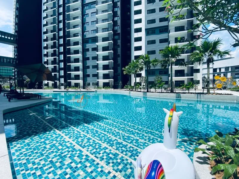 Exterior type: high-rise condominium; features: infinity pool, pool deck with loungers, tiled pool surface with mosaic pattern, surrounded by palm trees, landscaped garden area, children's play area in background, umbrella shade, modern high-rise facade; style: modern.