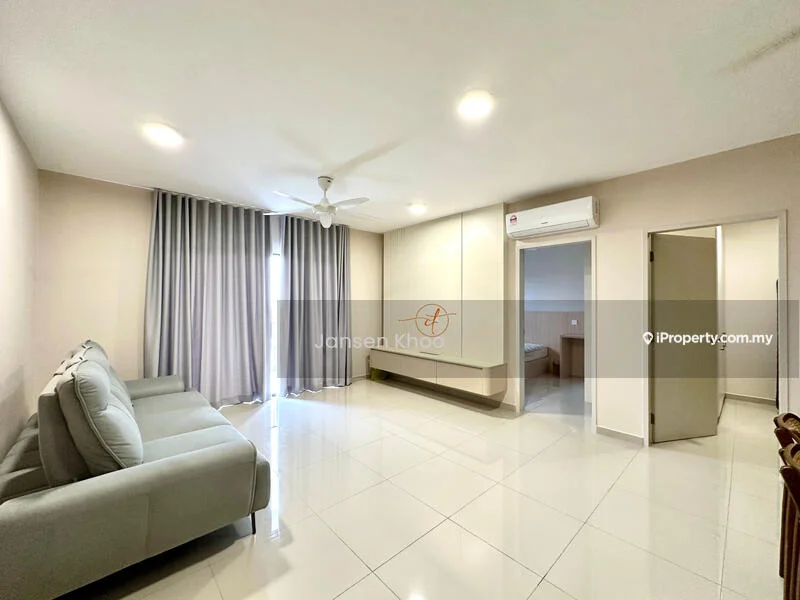 Living features: 3-seater fabric sofa in light grey, white painted walls, glossy white tile flooring, ceiling fan, recessed downlights, floor-to-ceiling windows with sheer curtains, air conditioning unit, curtains, neutral colour scheme; style: modern.