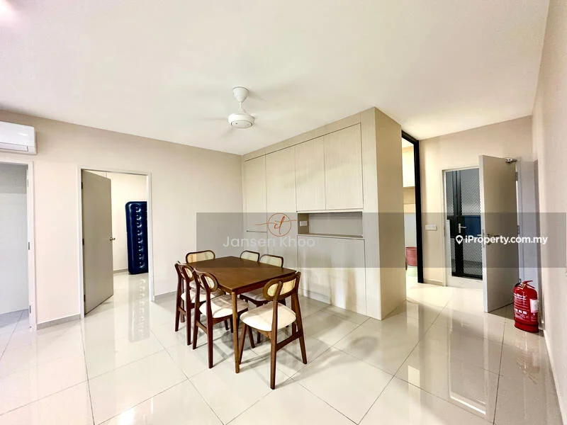 Dining features: dining table with 4 chairs, white tiled flooring, cream painted walls, ceiling fan, built-in cabinetry, door leading to hallway, door leading to utility area, air conditioning unit; style: modern. Room features: white painted walls, door leading to exterior, blue refrigerator.