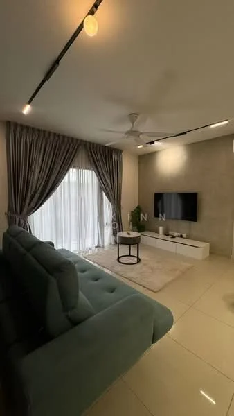 Living features: 3-seater fabric sofa in teal, coffee table, wall-mounted TV, TV console in white, area rug, floor-to-ceiling windows, sheer curtains, recessed downlights, ceiling fan, light grey accent wall, cream tiled flooring; style: modern.
