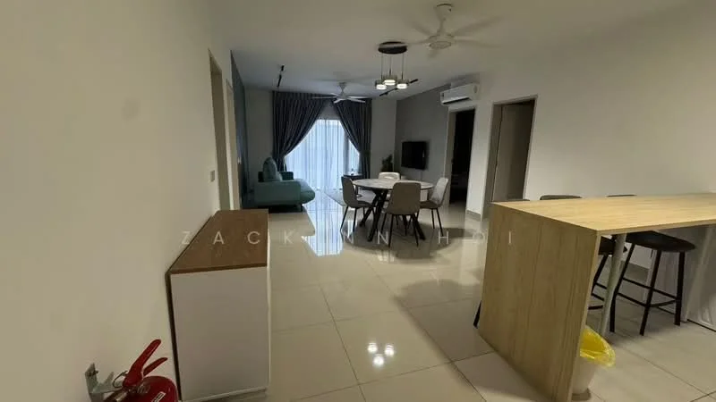 Living features: white painted walls, glossy tile flooring, 5-blade ceiling fan with light, sofa in teal, dining table with 4 chairs, TV console, wall-mounted TV, recessed lighting, curtains, open-plan layout, bar counter with stools; style: modern.