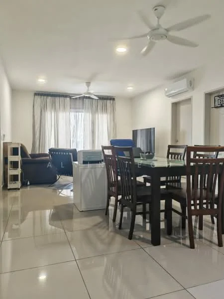 Dining features: 6-seater dining table, wooden dining chairs, white walls, recessed downlights, floor-to-ceiling windows with sheer curtains, polished tile flooring, ceiling fan, air conditioning unit, TV console, wall-mounted TV, blue upholstered chair; style: modern. Living features: sofa, coffee table, TV console, wall-mounted TV, polished tile flooring, recessed downlights, ceiling fan, air conditioning unit; style: modern.