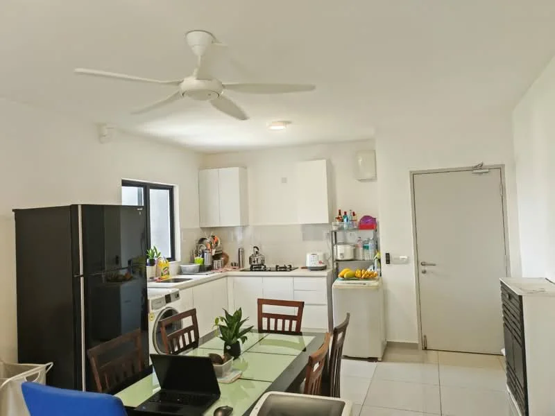 Kitchen features: white cabinets, black refrigerator, stainless-steel gas stove, built-in oven, white tiled backsplash, white countertops, ceiling fan, window with black frame, dining table with chairs, kitchen island, various kitchen appliances, plants on countertop; style: modern.