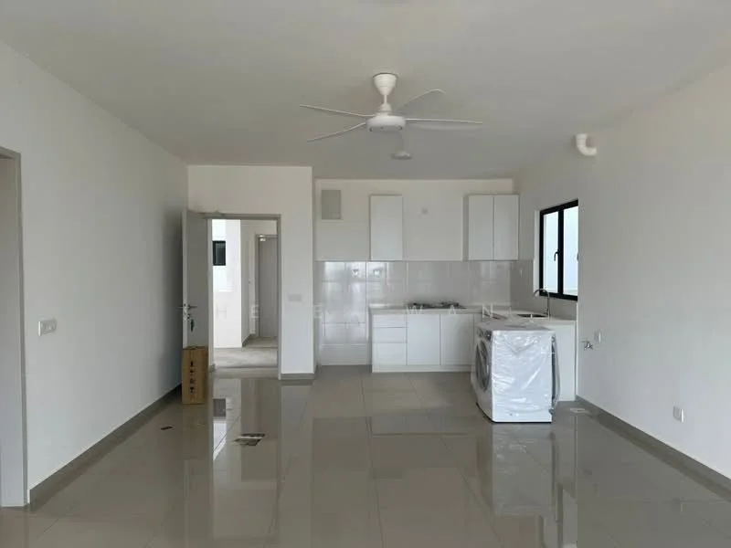 Kitchen features: white cabinets, stainless-steel sink, chrome pull-down faucet, built-in stove, white tiled backsplash, washing machine, marble tile flooring, ceiling fan, large window, open layout; style: modern. Room features: white painted walls, marble tile flooring, ceiling fan, open layout.