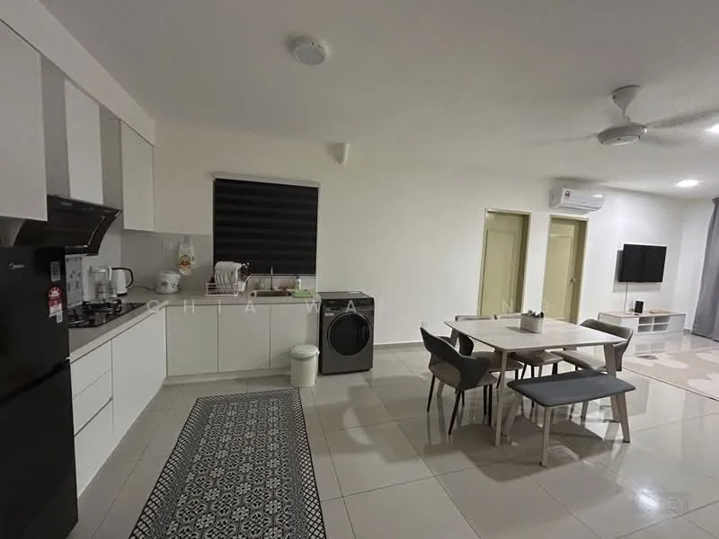 Kitchen features: white cabinetry, black countertop, stainless-steel sink, chrome pull-down faucet, built-in oven, freestanding range oven, stainless-steel fridge, ceramic tile flooring, recessed downlights, wall-mounted split AC, open shelving, decorative rug; style: modern. Dining features: 6-seater dining table, upholstered dining chairs, pendant lamp, wall-mounted TV, light-colored walls, sliding door to hallway; style: modern.