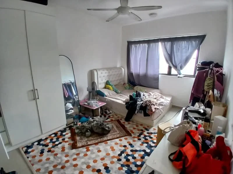 Bedroom features: queen-size bed with upholstered headboard, white bedding, floor-to-ceiling window with sheer curtains, grey curtains, light-coloured walls, ceiling fan, large mirror, white wardrobe with sliding doors, area rug with geometric pattern, dressing table, clothes on bed and floor; style: modern.