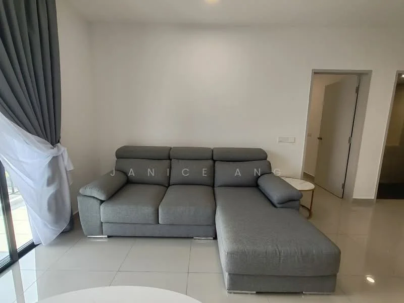 Living features: L-shape sectional sofa in grey, white walls, floor-to-ceiling windows, grey curtains, white coffee table, tile flooring, recessed downlights, doorway leading to another room; style: modern.