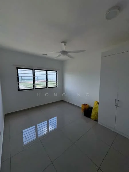 Bedroom features: white painted walls, glossy ceramic tile flooring, 5-blade ceiling fan, floor-to-ceiling windows, built-in wardrobe, natural light from windows, two yellow bags on the floor; style: modern; view: garden.