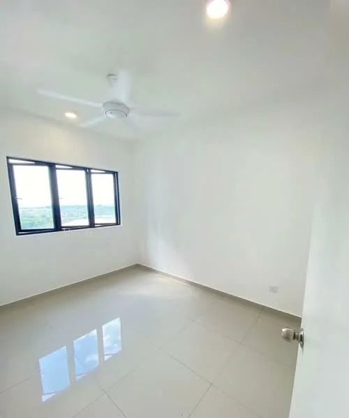 Bedroom features: white painted walls, glossy tile flooring, 5-blade ceiling fan, floor-to-ceiling windows, natural light from window, view of landscape, neutral color scheme, minimalist decor; style: modern; view: landscape.