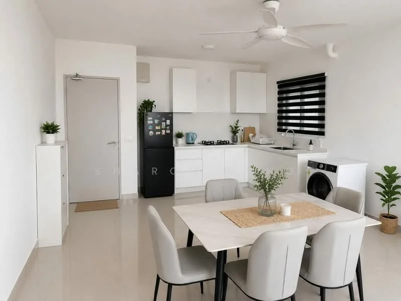 Kitchen features: white cabinets, black fridge, stainless-steel gas hob, white countertop, double-bowl stainless-steel sink, chrome pull-down faucet, built-in oven, white backsplash, window with black blinds, ceiling fan, light-colored tile flooring, decorative plants, dining table with 6 chairs, area rug; style: modern.