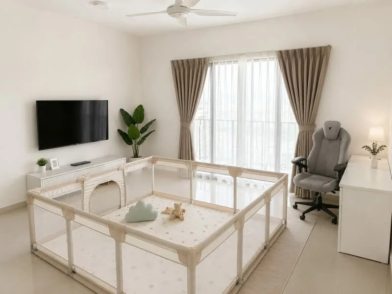 Living features: white painted walls, light-colored tiled flooring, 5-blade ceiling fan, floor-to-ceiling windows, sheer curtains, TV mounted on wall, white console table, indoor plant, grey office chair, white desk, baby playpen with soft mat, decorative items on console; style: modern; view: city.