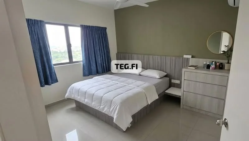 Bedroom features: queen-size bed with white bedding, upholstered headboard, grey wooden bedside table, mirror on wall, floor-to-ceiling window, blue curtains, light grey wall, white tiled flooring, ceiling fan; style: modern; view: city.