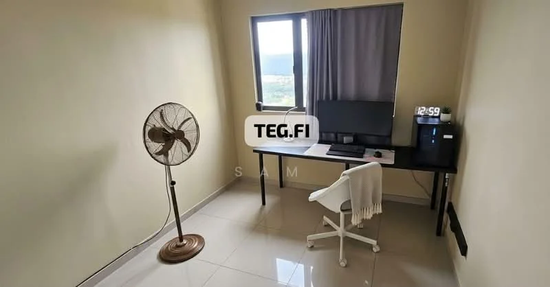 Study features: white painted walls, glossy tile flooring, floor-to-ceiling window, grey curtains, desk with computer monitor, black office chair, fan, digital clock; style: modern; view: city.