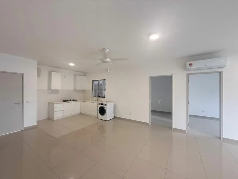 Room features: white painted walls, glossy ceramic tile flooring, 5-blade ceiling fan with light, wall-mounted split AC, kitchen cabinetry with white finish, built-in gas hob, built-in oven, washing machine, window with sheer curtains, open layout, neutral color scheme, doorway leading to another room; style: modern.