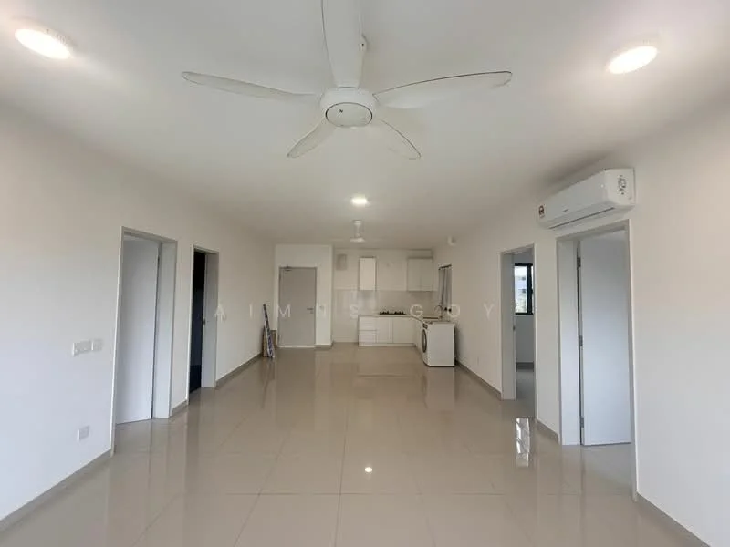 Living features: white painted walls, glossy ceramic tile flooring, 5-blade ceiling fan with light, 1 wall-mounted split AC, recessed downlights, open layout, large windows, neutral color scheme; style: modern. Kitchen features: white cabinetry, stainless-steel appliances, countertop space, open to living area; style: modern.