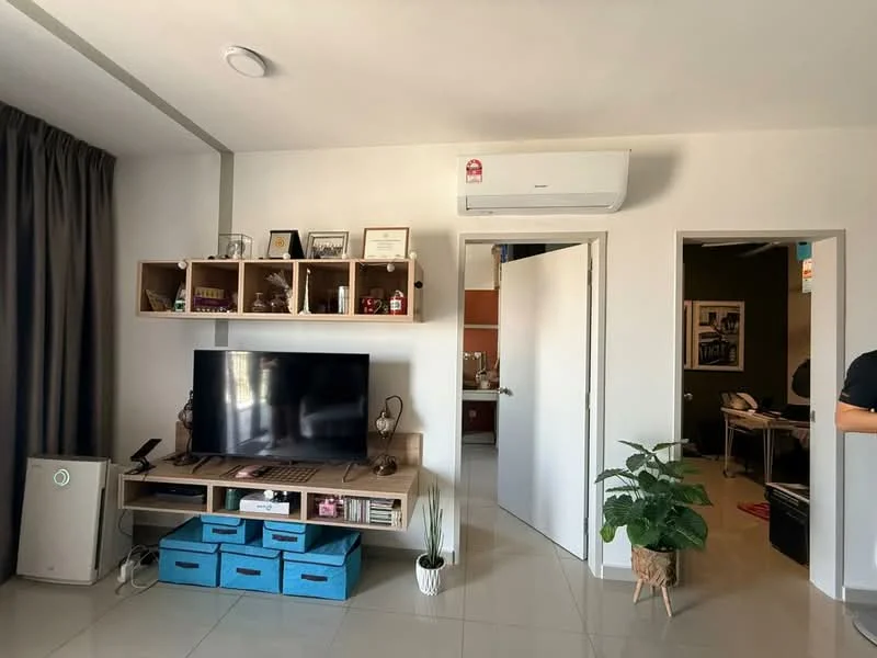 Living features: wall-mounted TV, wooden TV console, open shelving unit, air conditioning unit, grey curtains, ceramic tile flooring, indoor plant, blue storage boxes, white walls, door leading to another room; style: modern.