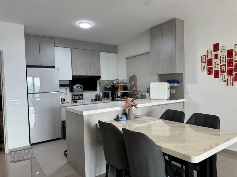 Kitchen features: grey cabinetry, white countertops, stainless-steel fridge, built-in oven, freestanding microwave, 4-burner gas hob, stainless-steel range hood, double-bowl stainless-steel sink, pendant lighting, tile flooring, wall-mounted shelves, decorative wall art, dining table with marble top, upholstered dining chairs; style: modern.