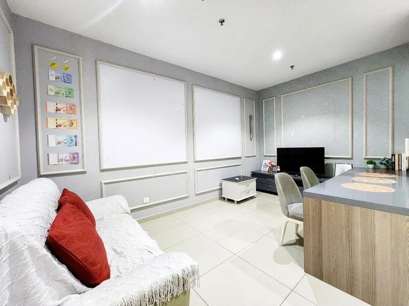 Living features: white fabric sofa with red cushions, grey painted walls, decorative wall panels, flat-screen TV on console, light-colored wooden coffee table, two grey upholstered dining chairs, glossy tile flooring, recessed lighting; style: modern.