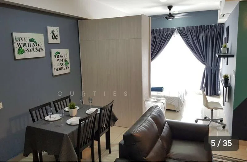 Living features: grey accent wall, white painted walls, tile flooring, 5-blade ceiling fan with light, sofa in black leather, coffee table, dining table for four, decorative wall art, floor-to-ceiling windows with sheer curtains, study desk with chair; style: modern.