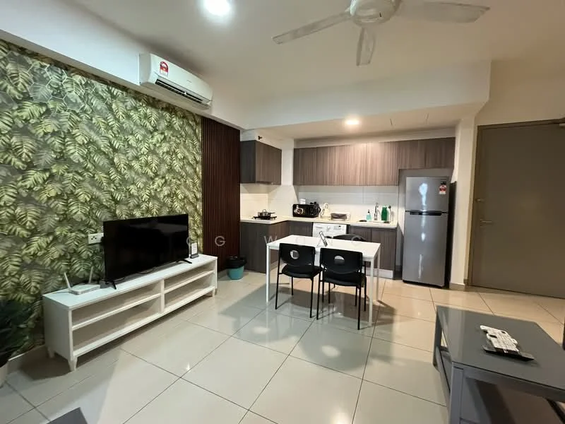 Living features: white walls, green tropical wallpaper, grey wood cabinetry, white dining table, 2 black dining chairs, black flat-screen TV, white TV console, ceramic tile flooring, ceiling fan, refrigerator, kettle, stainless-steel sink, built-in oven, microwave; style: modern.