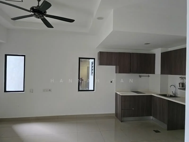 Kitchen features: white painted walls, ceiling with tray ceiling, 5-blade ceiling fan, grey laminate cabinetry, stainless-steel sink, chrome pull-down faucet, white countertop, built-in oven, 2 windows, tile flooring; style: modern.