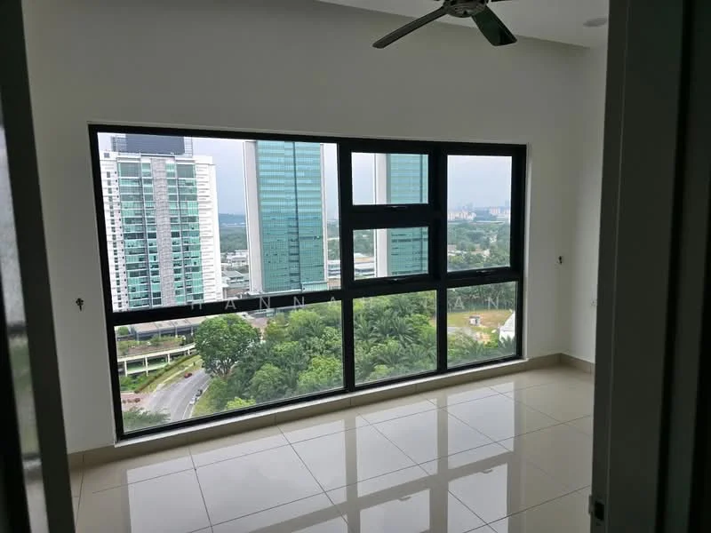 Room features: large floor-to-ceiling windows, white painted walls, glossy tile flooring, ceiling fan, city skyline view, greenery view, neutral color scheme; style: modern; view: city.