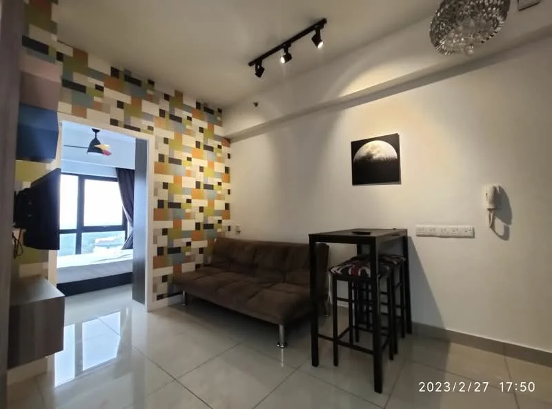 Living features: grey fabric sofa, glass coffee table, black bar stools, wall-mounted TV, decorative wall with colorful geometric pattern, white painted walls, recessed downlights, polished tile flooring, framed artwork on wall, floor-to-ceiling windows with city view; style: modern; view: city.